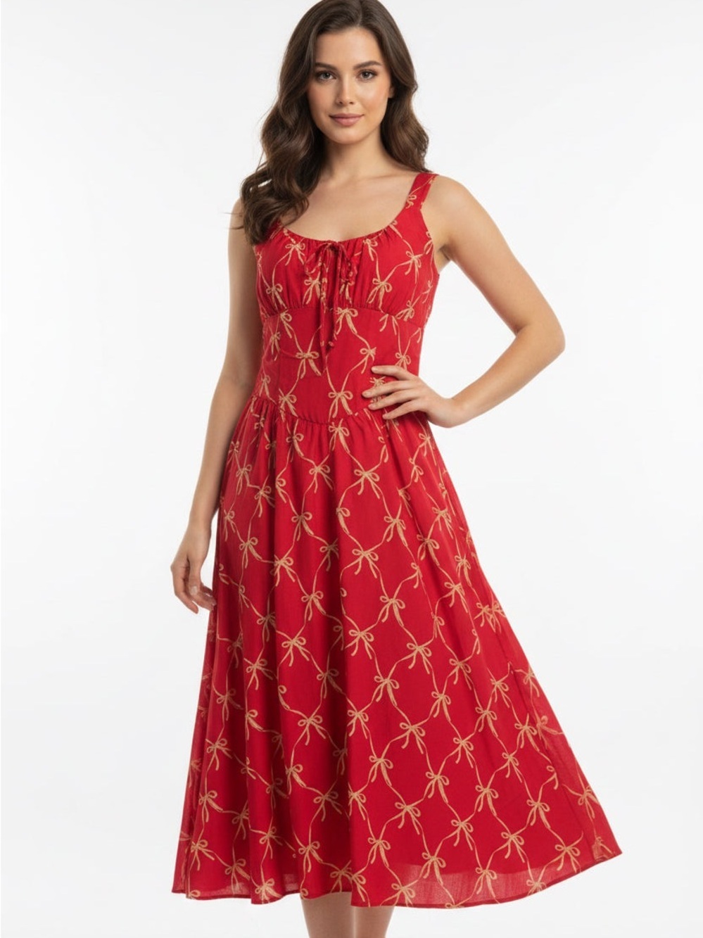 Red Bow-Print Tie-Front Midi Dress